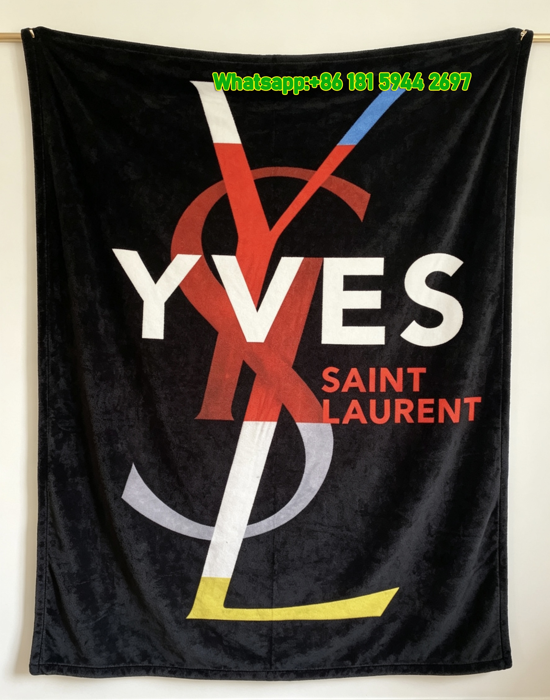 Yves Saint Laurent YSL Black Background Multicolor Logo Printed Fleece Throw Blanket IMG_3212
